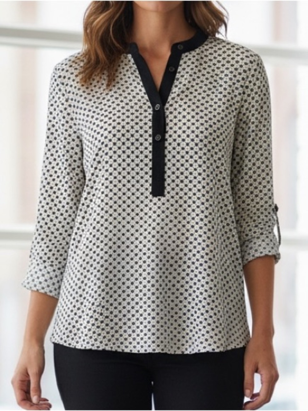 Mango Black & White Long Sleeve Pull Over Blouse Size XS